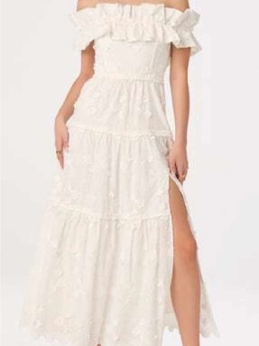 ASTR Off-Shoulder White Tiered Maxi Dress with Side Slit